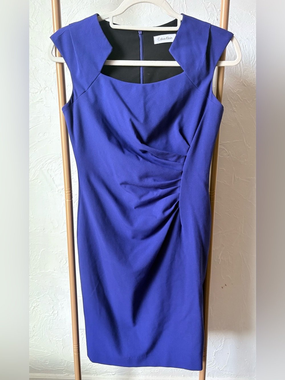 Calvin Klein Byzantine Royal Blue Cutout Neck Ruched Sheath Dress 4P Petite